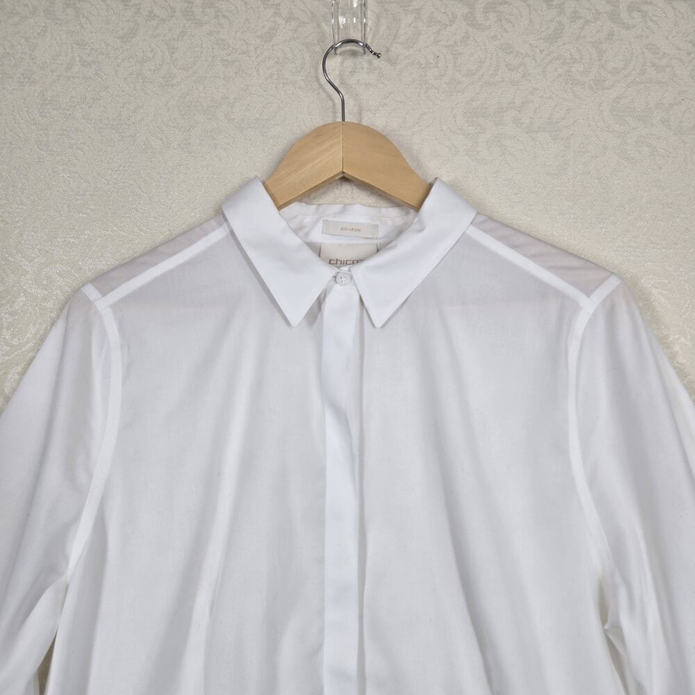 Chico’s No Iron Top Sz 2-L White Button Front Ruffle Sleeve Stretch Office Chic - Picture 2 of 12